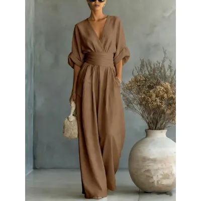 Women Fashion Elegant Spring And Summer Solid Color V-Neck Short-Sleeve Loose Jumpsuit