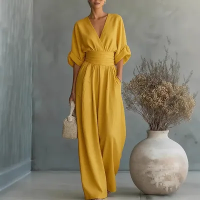 Women Fashion Elegant Spring And Summer Solid Color V-Neck Short-Sleeve Loose Jumpsuit