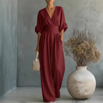 Women Fashion Elegant Spring And Summer Solid Color V-Neck Short-Sleeve Loose Jumpsuit