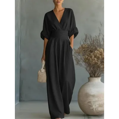 Women Fashion Elegant Spring And Summer Solid Color V-Neck Short-Sleeve Loose Jumpsuit