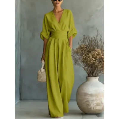 Women Fashion Elegant Spring And Summer Solid Color V-Neck Short-Sleeve Loose Jumpsuit