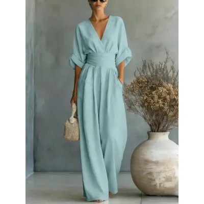 Women Fashion Elegant Spring And Summer Solid Color V-Neck Short-Sleeve Loose Jumpsuit