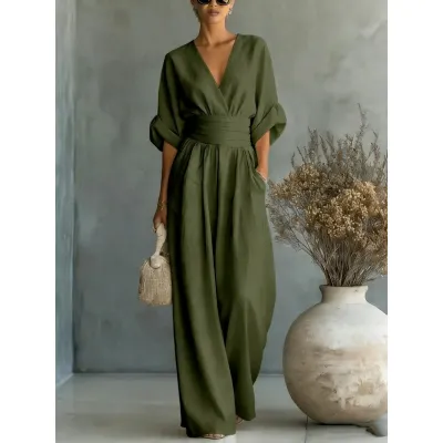 Women Fashion Elegant Spring And Summer Solid Color V-Neck Short-Sleeve Loose Jumpsuit