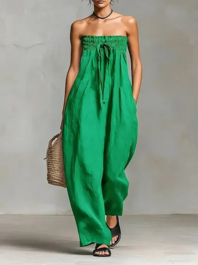 Women Fashion Sexy Summer Solid Color Tube Top Wide-Leg Jumpsuit