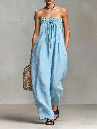 Women Fashion Sexy Summer Solid Color Tube Top Wide-Leg Jumpsuit