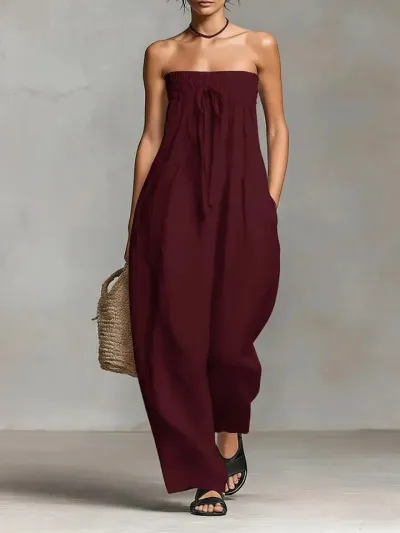 Women Fashion Sexy Summer Solid Color Tube Top Wide-Leg Jumpsuit