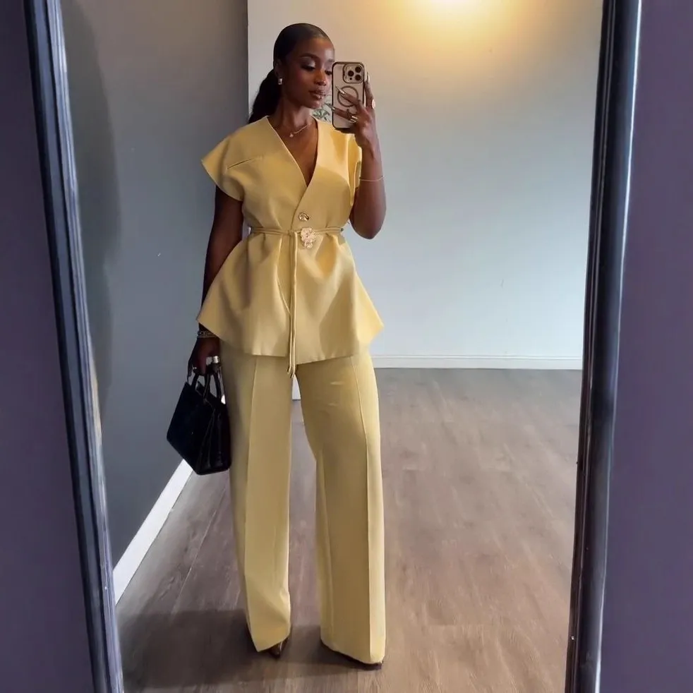 Women Elegant Fashion Solid Color Sleeveless Top And Wide Leg Pants Office Two-Piece Set
