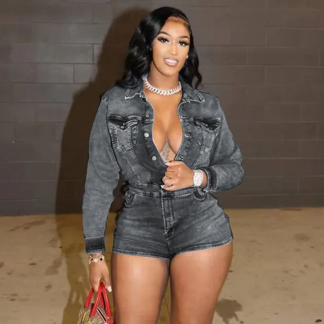 Women Fashion Sexy Laple Long-Sleeve Stretch Tight Denim Rompers