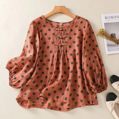 Women Fashion Casual Spring Cotton And Linen Polka Dot Print Bubble Sleeve Round Neck Blouse