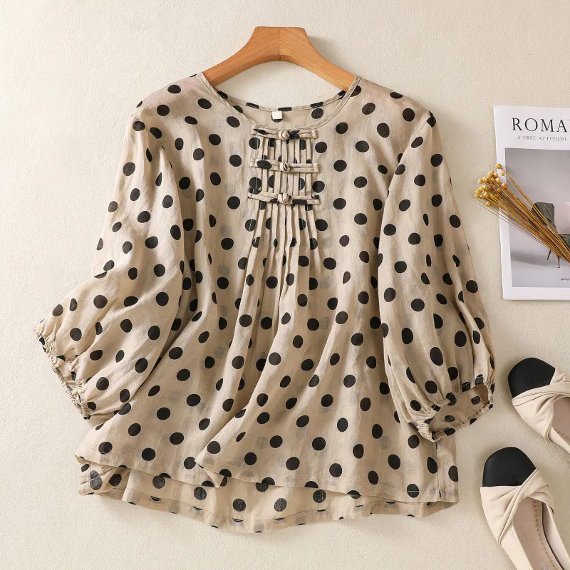 Women Fashion Casual Spring Cotton And Linen Polka Dot Print Bubble Sleeve Round Neck Blouse