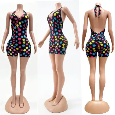 Women Fashion Sexy Polka Dot Print Stretch Deep V Backless Pleated Rompers