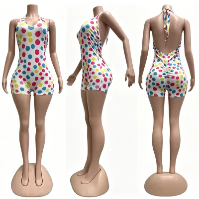 Women Fashion Sexy Polka Dot Print Stretch Deep V Backless Pleated Rompers