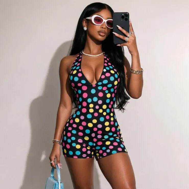 Women Fashion Sexy Polka Dot Print Stretch Deep V Backless Pleated Rompers