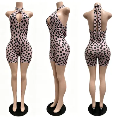 Women Fashion Sexy Summer Polka Dot Print Halter-Neck Deep V Strap Backless Slim-Fit Rompers