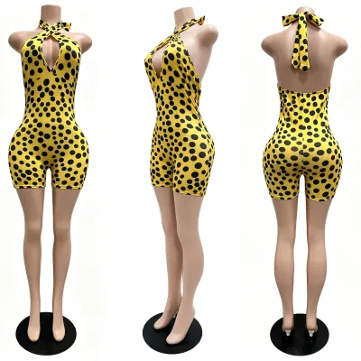 Women Fashion Sexy Summer Polka Dot Print Halter-Neck Deep V Strap Backless Slim-Fit Rompers