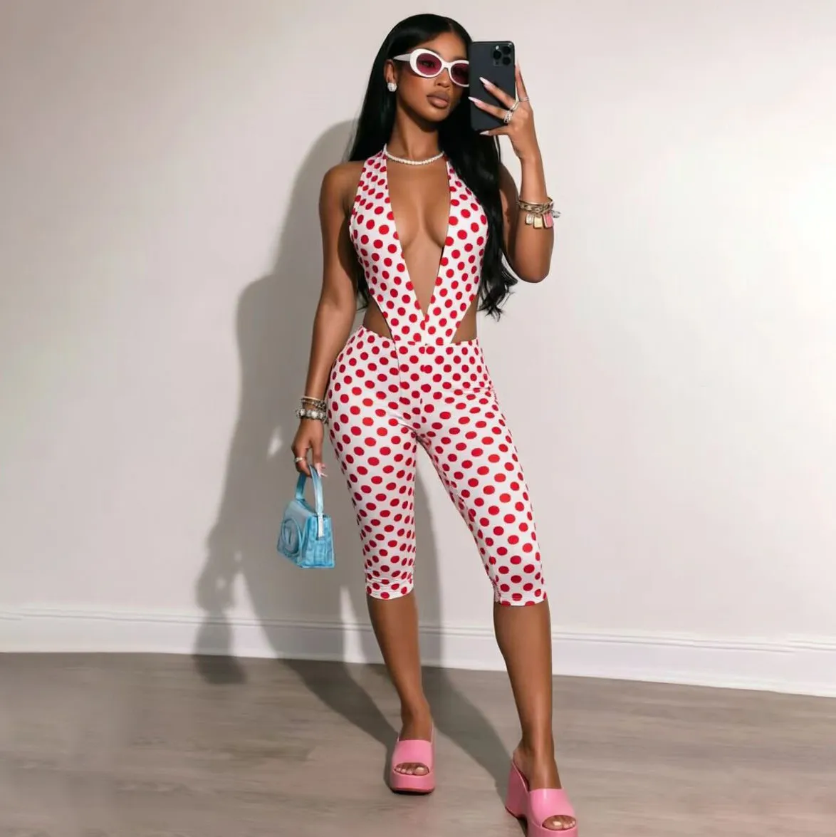 Women Fashion Sexy Summer Polka Dot Print Sleeveless Slim Fit Bodysuits Tight Pants Two-Piece Set
