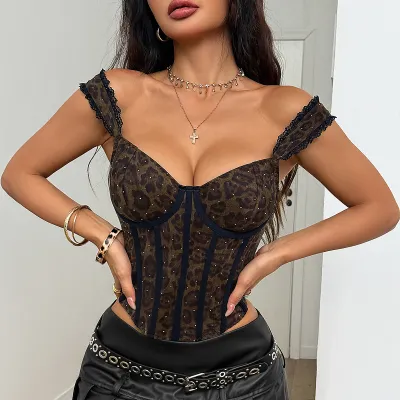 Women Fashion Sexy Leopard Lace-Up Deep V Design Slim Fishbone Tank Top
