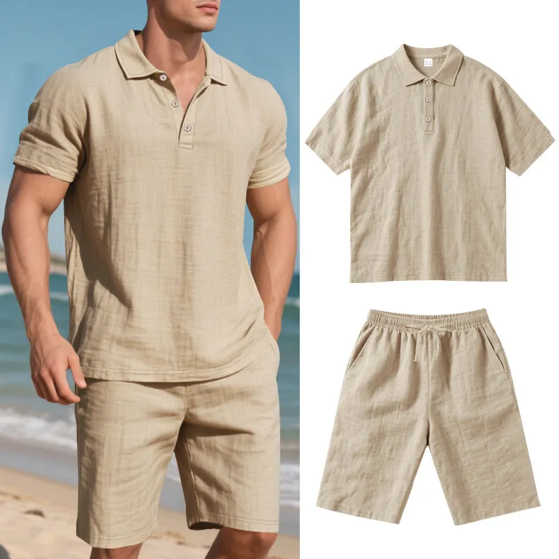 Summer Men Casual Linen Breathable Solid Color Lapel Shirt And Shorts Two-Piece Set