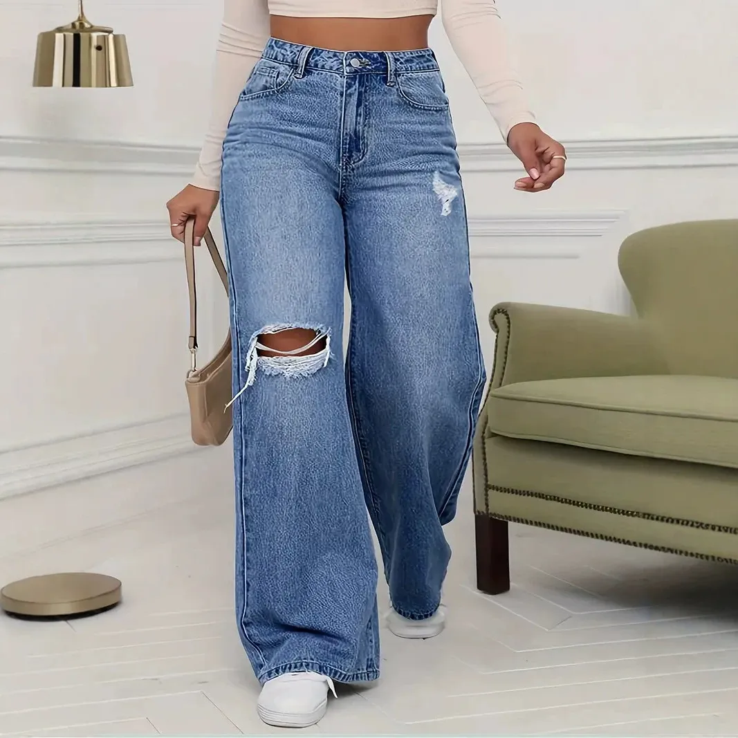 Women Casual Ripped Wide-Leg Jeans