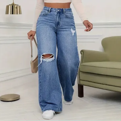 Women Casual Ripped Wide-Leg Jeans