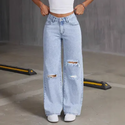 Women Casual Loose Rick Denim Wide-Leg Pants