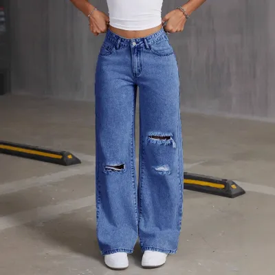 Women Casual Loose Rick Denim Wide-Leg Pants
