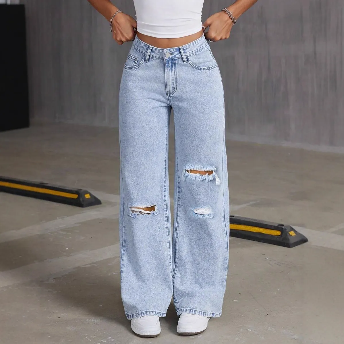 Women Casual Loose Rick Denim Wide-Leg Pants