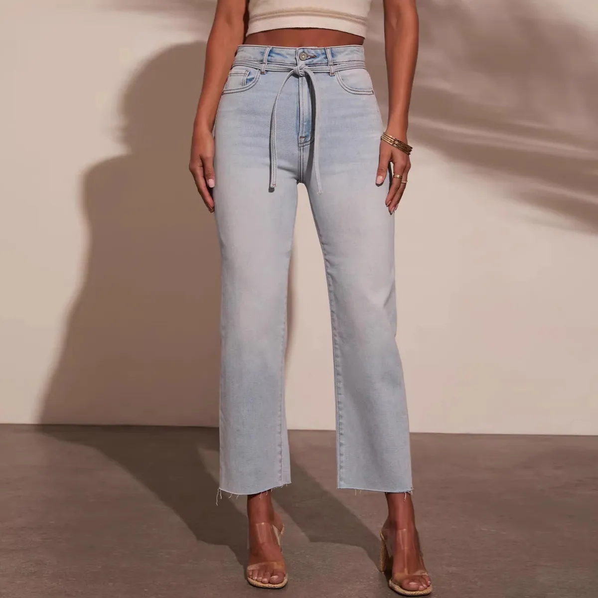 Women Fashion High Waist Strap Straight Jeans