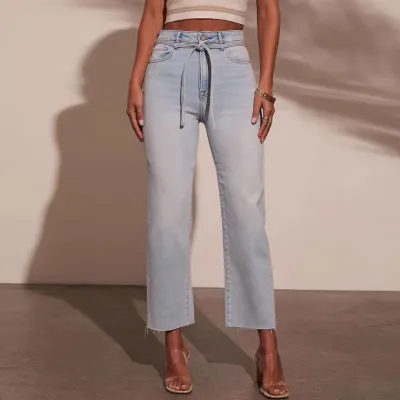 Women Fashion High Waist Strap Straight Jeans