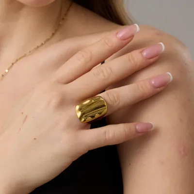Women Fashion Retro Square Smooth Wide 18k 316L Stainless Steel Gold Ring