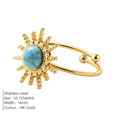 Women Fashion Natural Stone Sunflower 316L Stainless Steel 18k Adjustable Ring