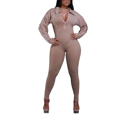 Women Fashion Sexy Autumn Solid Color Long Sleeve Zipper High Waist Tight Jumpsuit