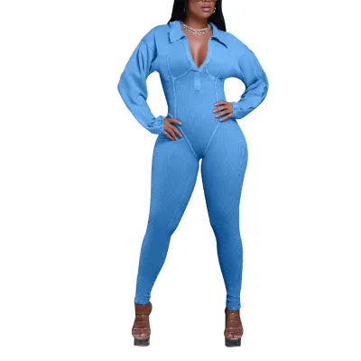 Women Fashion Sexy Autumn Solid Color Long Sleeve Zipper High Waist Tight Jumpsuit