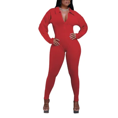 Women Fashion Sexy Autumn Solid Color Long Sleeve Zipper High Waist Tight Jumpsuit