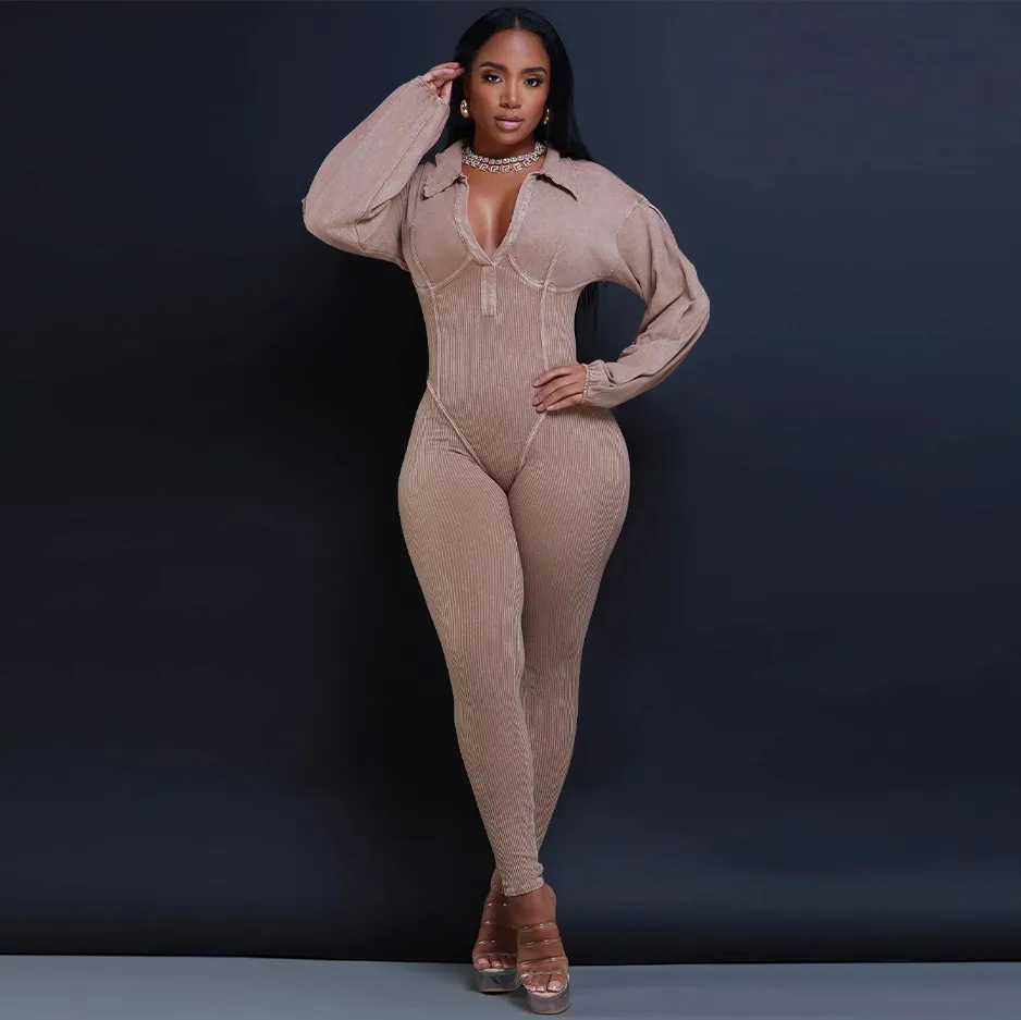 Women Fashion Sexy Autumn Solid Color Long Sleeve Zipper High Waist Tight Jumpsuit