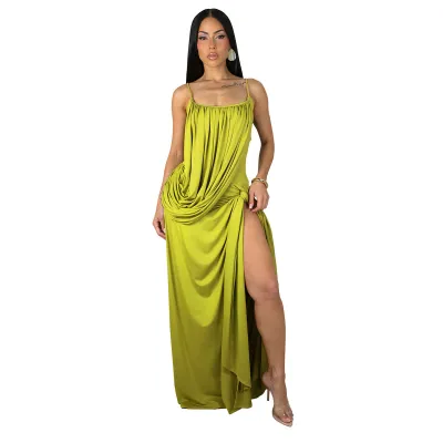 Women'S Fashion Sexy Solid Color Twisted Waist Spaghetti Strap Split Dress