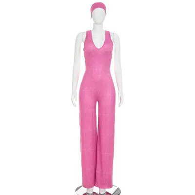 Women Fashion Sexy Autumn Solid Color Washed Printed Backless Jumpsuit