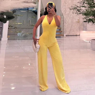 Women Fashion Sexy Autumn Solid Color Washed Printed Backless Jumpsuit