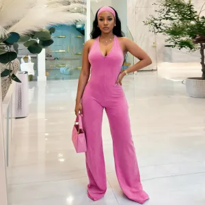 Women Fashion Sexy Autumn Solid Color Washed Printed Backless Jumpsuit