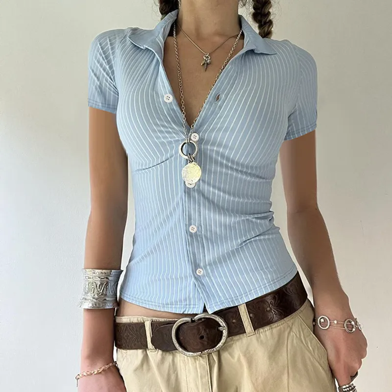 Women Fashion Stripe Print Lapel Short Sleeve Shirt