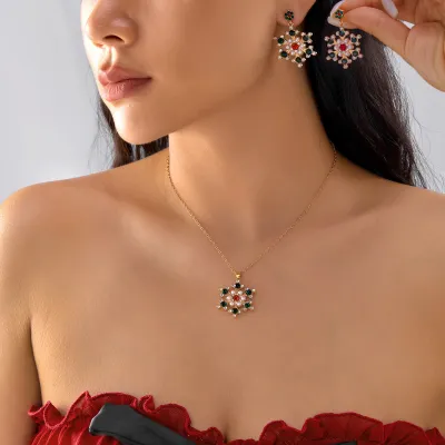 Christmas Multicolor Snowflake Alloy Oil Dropping Diamond Pendant Necklace Earrings Set
