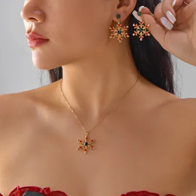 Christmas Multicolor Snowflake Alloy Oil Dropping Diamond Pendant Necklace Earrings Set