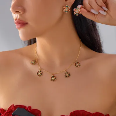 Christmas Multicolor Snowflake Alloy Oil Dropping Diamond Pendant Necklace Earrings Set