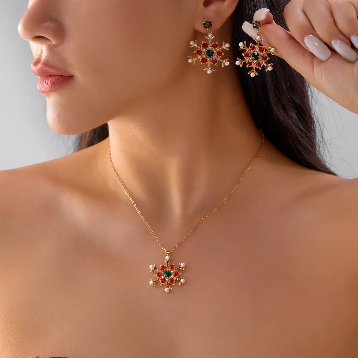 Christmas Multicolor Snowflake Alloy Oil Dropping Diamond Pendant Necklace Earrings Set