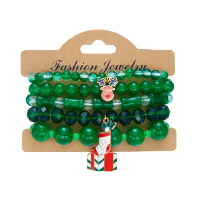 Christmas Women Fashion Red And Green Beaded Christmas Tree Snowman Pendant Bracelet 5pcs/Set