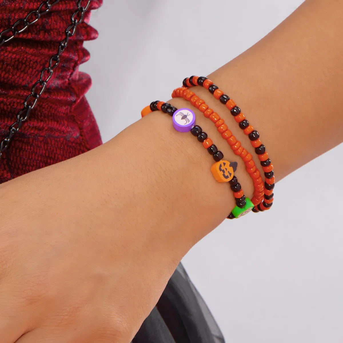 Halloween Women Fashion Casual Rice Beads Orange Pumpkin Skull Pendant Bracelet Set