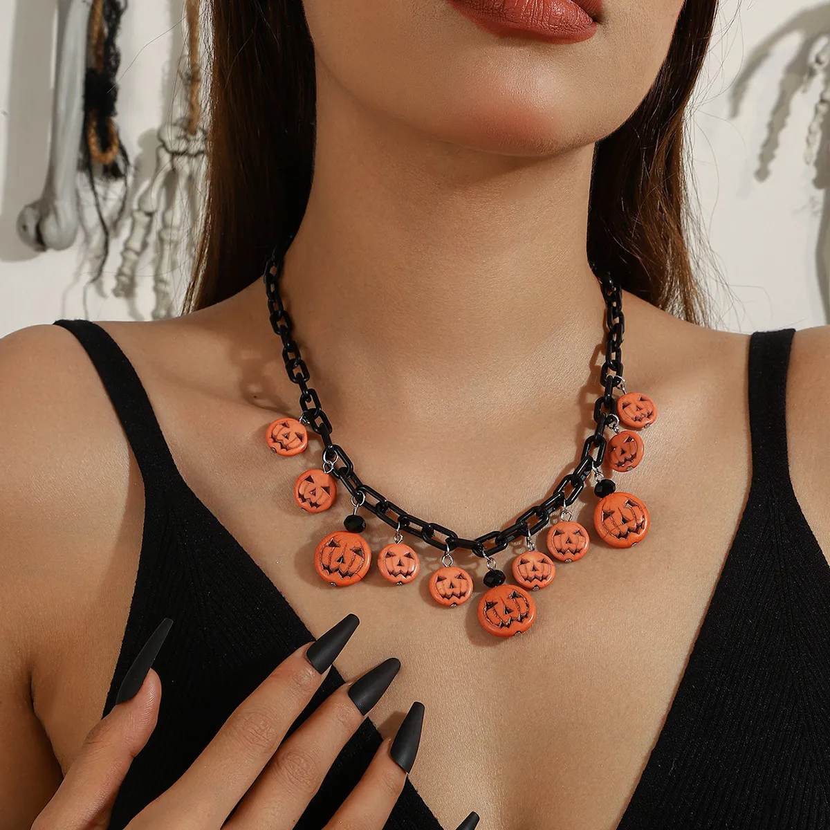 Halloween Women Fashion Pumpkin Ghost Bat Pendant Rice Beads Necklace
