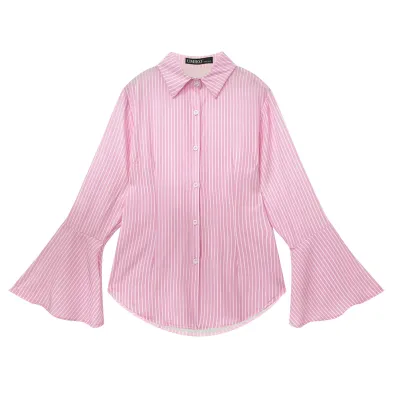 Autumn Women Fashion Casual Stripe Lapel Long Sleeve Shirt