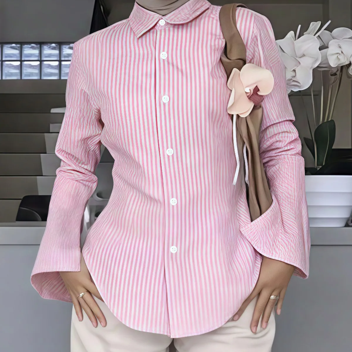 Autumn Women Fashion Casual Stripe Lapel Long Sleeve Shirt