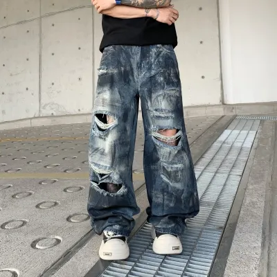 Men Fashion Casual Ripped Loose Wide Leg Jeans